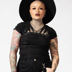Killstar‎ Malicia Lace Up Top Sz L Black Mesh Distressed Alt Mall Goth Shirt